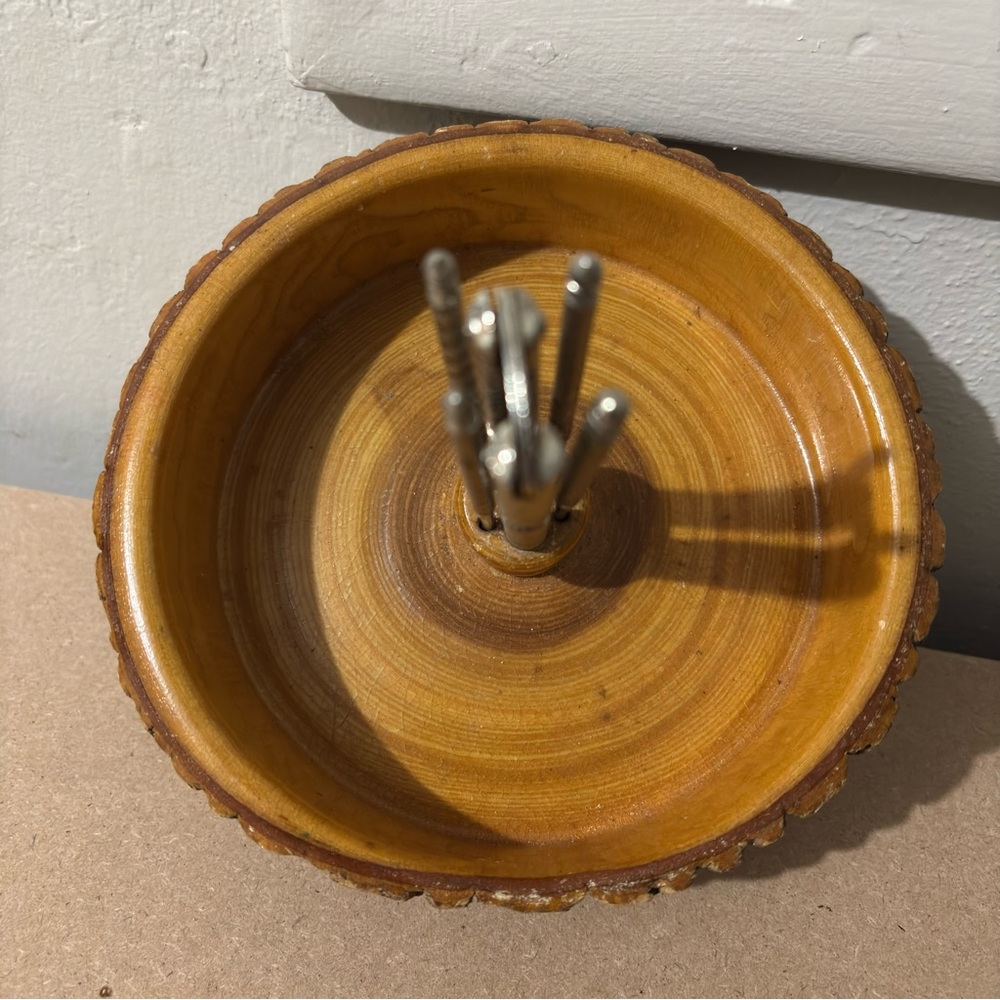 Vintage MCM Nut Cracker Bowl Live Edge Wood Set Picks Rustic Bark Handcrafted - Picture 2 of 11